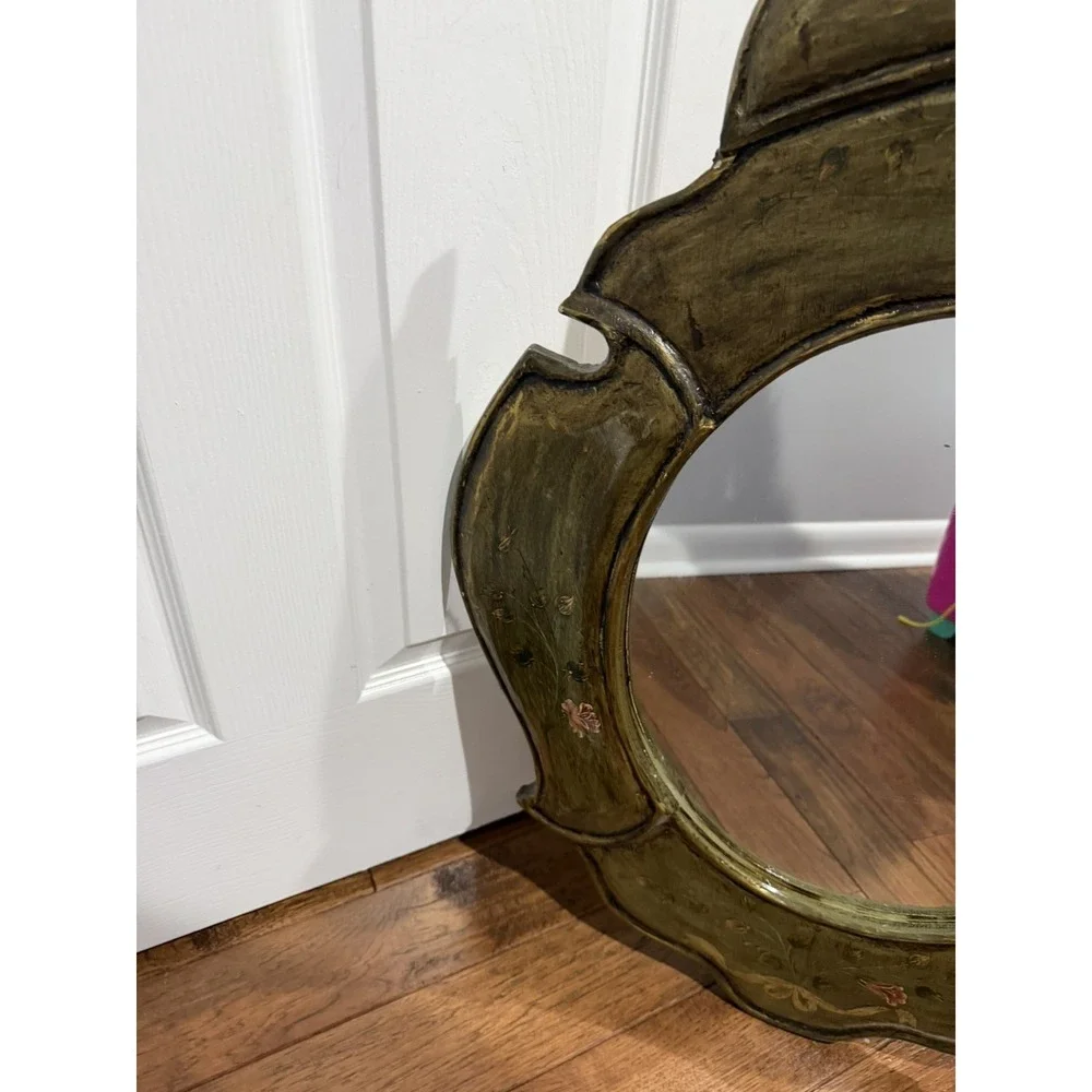 Vintage Peruvian Hand Painted Wooden Wall Mirror Green Floral Flowers 32x24